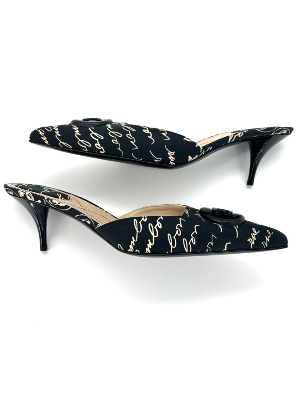Vintage Chanel 2006 Cruise Script CC Logo Pointed Toe Kitten Heel Mules 38 - Picture 5 of 10